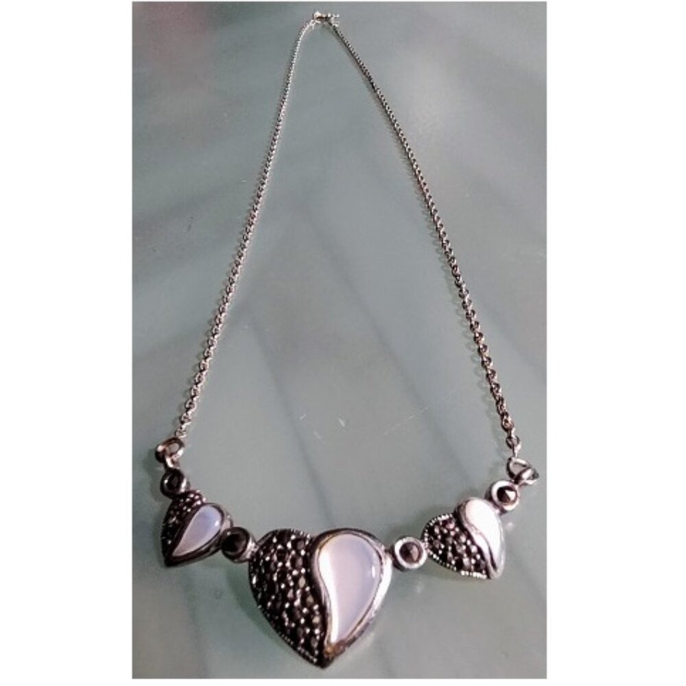 3 Hearts 925 Silver Mother-of-Pearl Choker or Princess Necklace